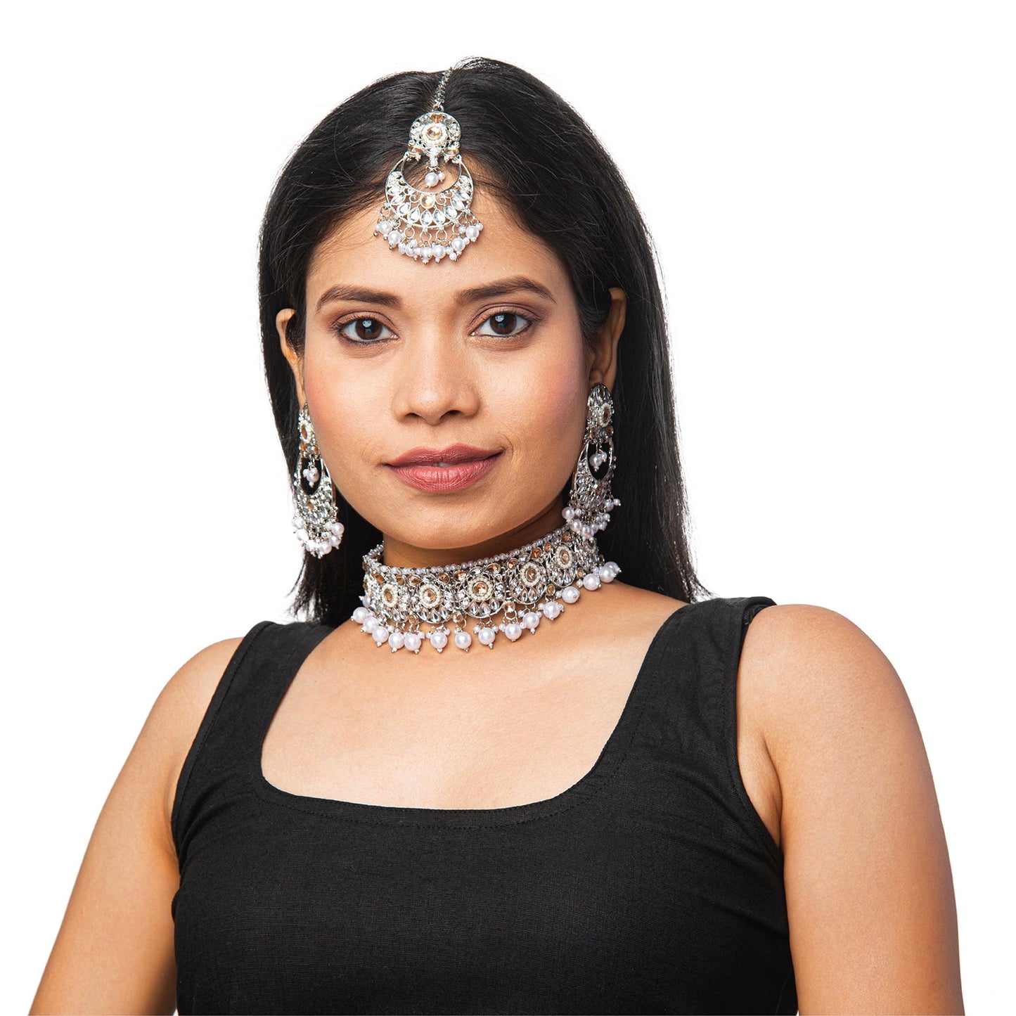 Shining Jewel Silver Plated Kundan Pearl Choker Bridal Necklace Combo Jewellery Set With Tikka and Earrings for Women (SJN_61_S.LCT)