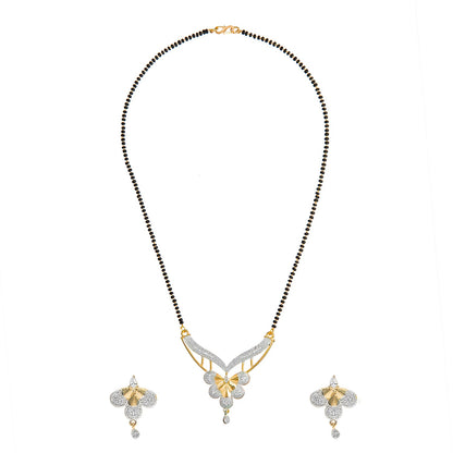 Shining Jewel Gold Plated Solitaire, CZ, Crystal & AD Studded Pendant with Black Bead Mangalsutra Necklace Jewellery Pendant Set with Earrings (SJN_67)