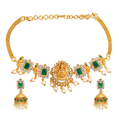 Shining Jewel Designer Gold Plated Godess Lakshmi Temple Jewellery Choker Necklace With Matching Earring For Women (SJN_69_G)