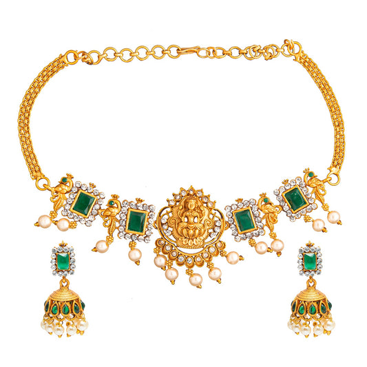 Shining Jewel Designer Gold Plated Godess Lakshmi Temple Jewellery Choker Necklace With Matching Earring For Women (SJN_69_G)