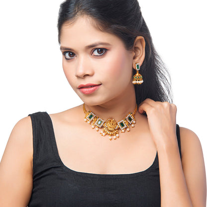 Shining Jewel Designer Gold Plated Godess Lakshmi Temple Jewellery Choker Necklace With Matching Earring For Women (SJN_69_G)