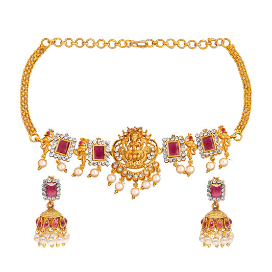 Shining Jewel Designer Gold Plated Godess Lakshmi Temple Jewellery Choker Necklace With Matching Earring For Women (SJN_69_M)