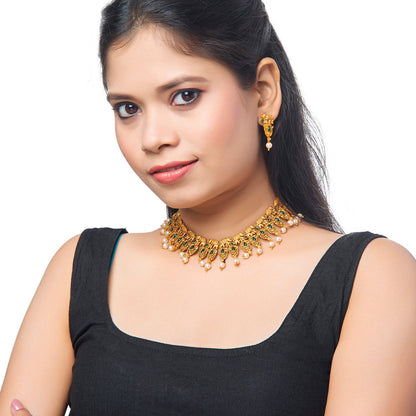 Shiining Jewel Gold Plated Temple Jewellery Choker Necklace Set for Women (SJN_70 G)