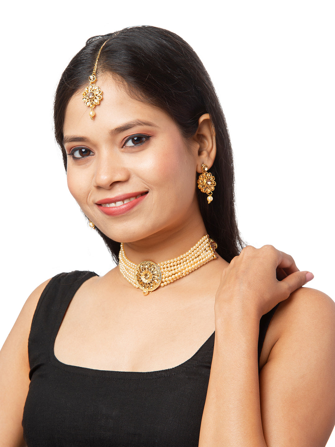 Shining Jewel Traditional Handcrafted Stone Studded Pearl Choker Necklace Jewellery Set With Earrings & Maang Tikka For Women (SJN_72)