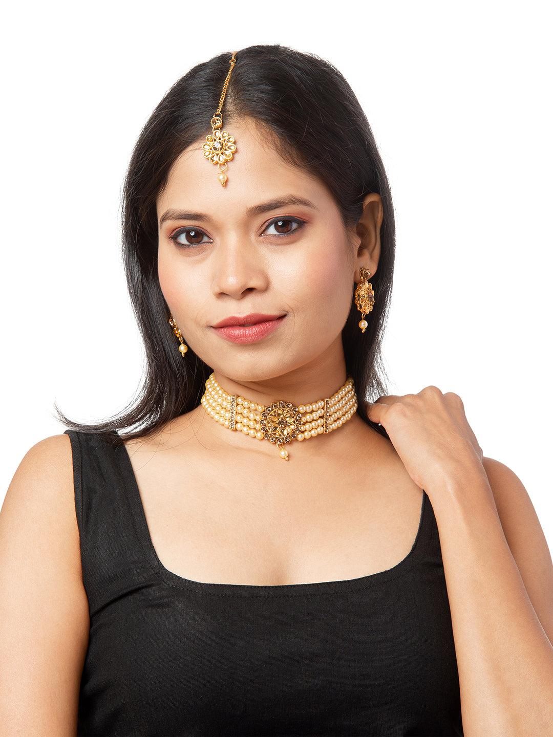 Shining Jewel Traditional Multistrand White Beads Kundan, LCT Stone Studded Pearl Choker Necklace With Earrings & Maang Tikka For Women (SJN_73 F)