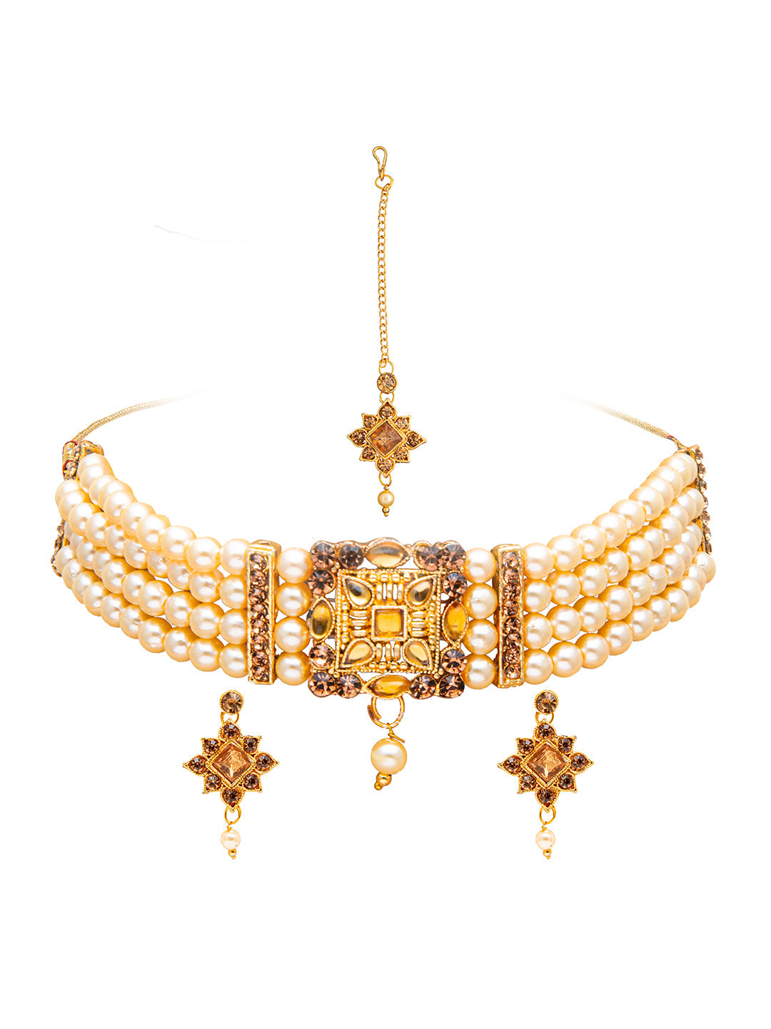 Shining Jewel Traditional Multistrand White Beads Kundan, LCT Stone Studded Pearl Choker Necklace With Earrings & Maang Tikka For Women (SJN_73 S)