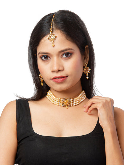 Shining Jewel Traditional Multistrand White Beads Kundan, LCT Stone Studded Pearl Choker Necklace With Earrings & Maang Tikka For Women (SJN_73 S)