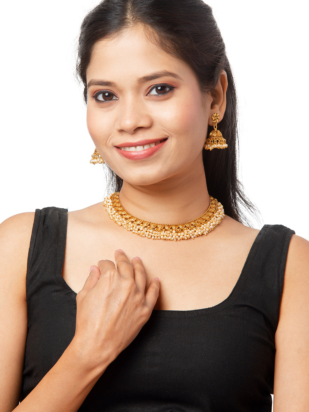 Shining Jewel Traditional Handcrafted Antique Gold Jewellery Clustered Pearls Necklace Set with Jhumki Earrings for Women & Girls (SJN_76)