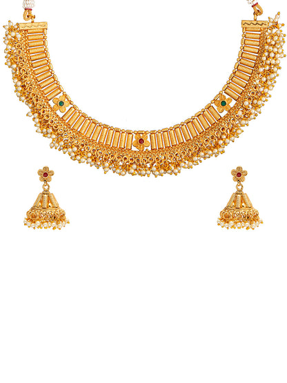 Shining Jewel Traditional Handcrafted Antique Gold Jewellery Clustered Hanging Pearls Necklace Set with Jhumki Earrings for Women & Girls (SJN_78)