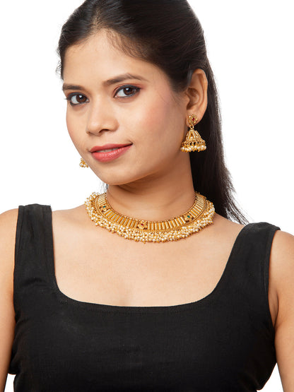 Shining Jewel Traditional Handcrafted Antique Gold Jewellery Clustered Hanging Pearls Necklace Set with Jhumki Earrings for Women & Girls (SJN_78)