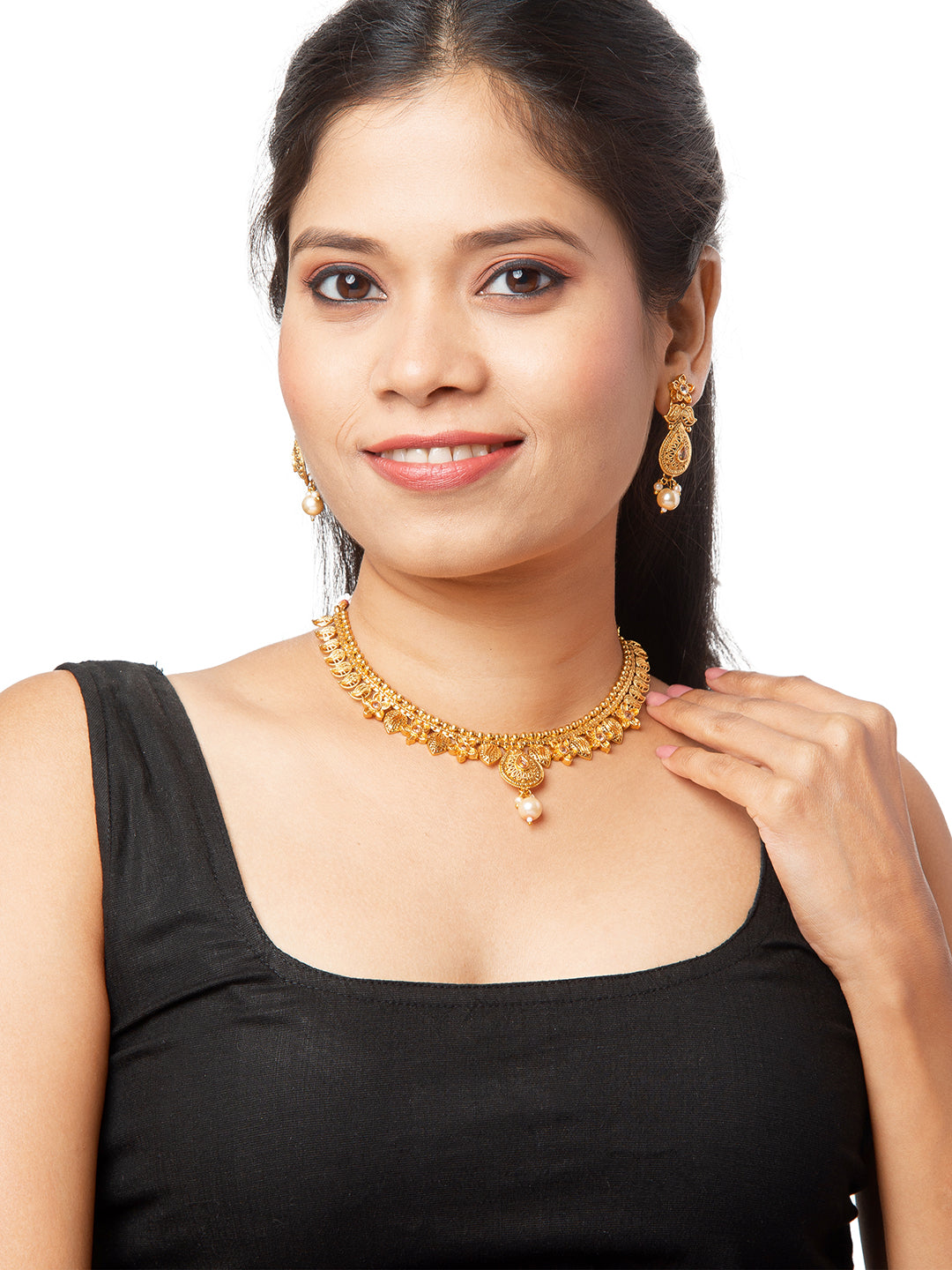 Shining Jewel Traditional Indian Antique Gold Jewellery, Necklace Set with Earrings for Women & Girls (SJN_80)