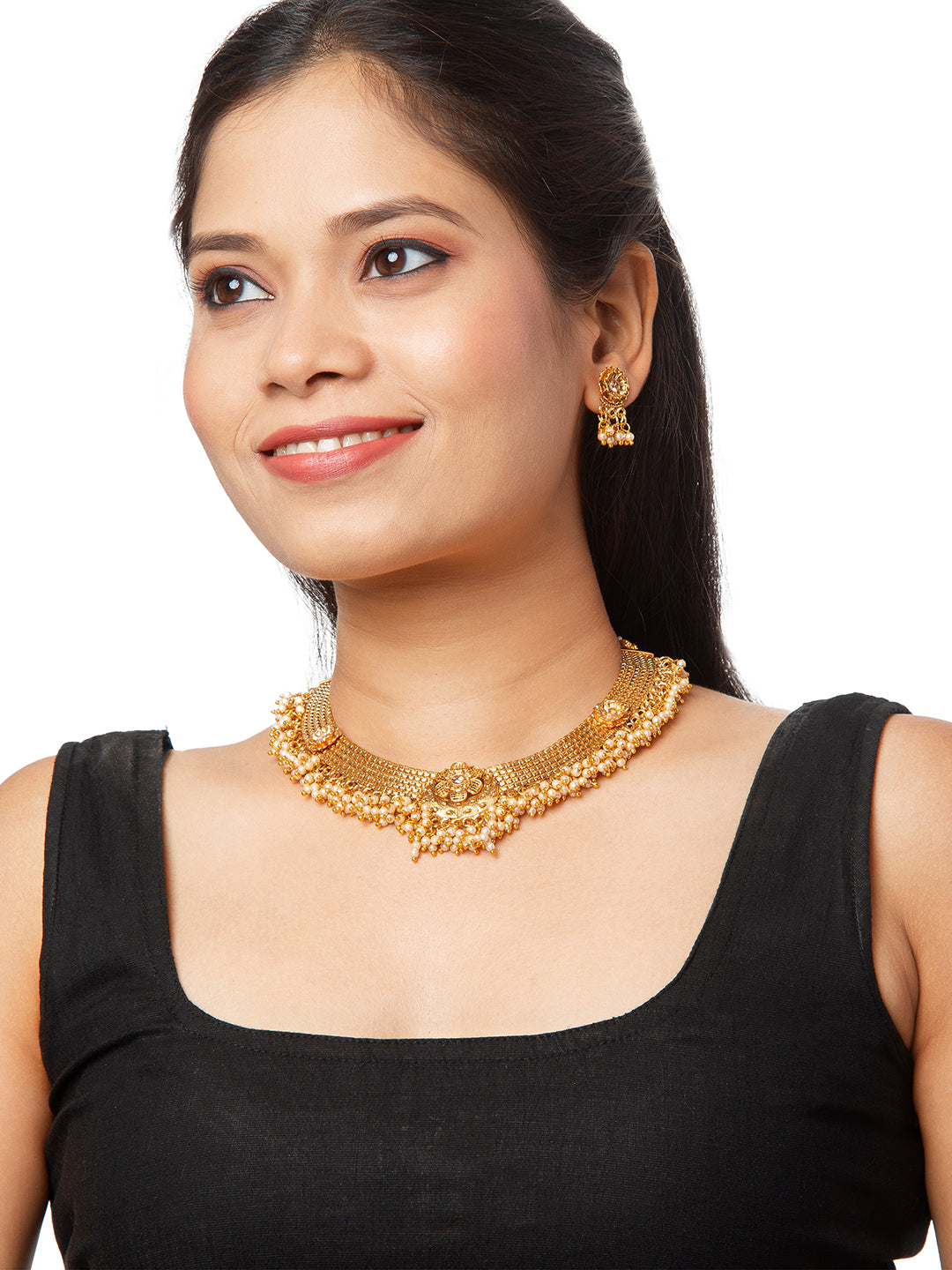 Shining Jewel Handcrafted Antique Gold Plated Jewellery Clustered Hanging Pearl Necklace With Matching Earring For Women (SJN_86)