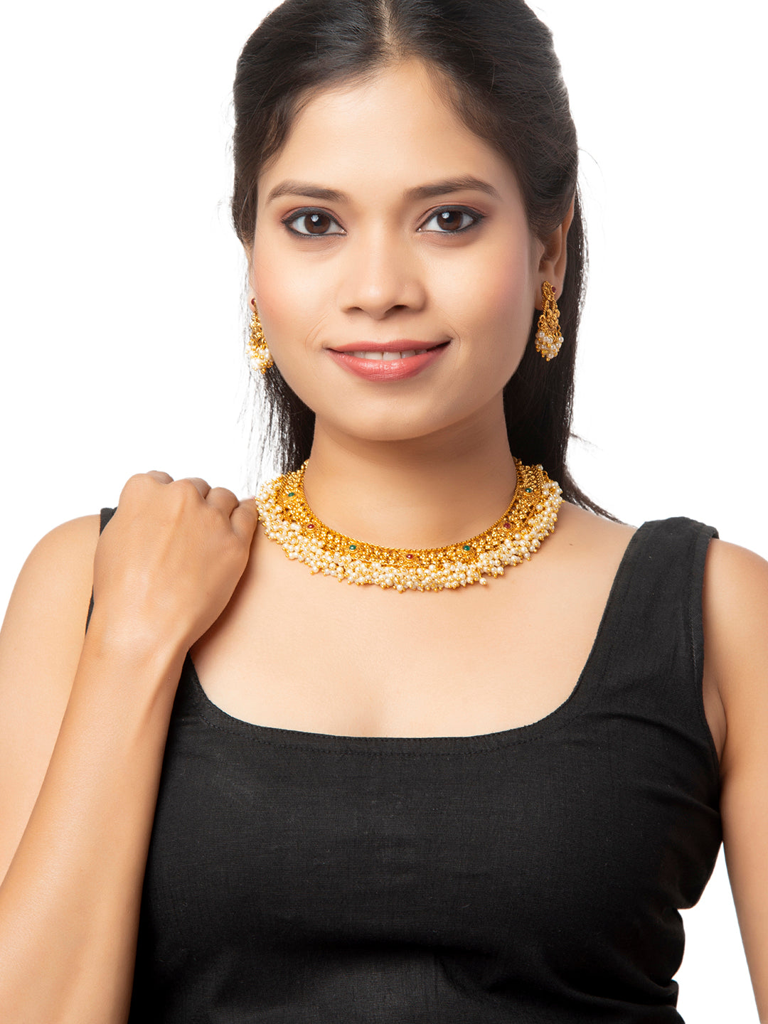 Shining Jewel Handcrafted Antique Gold Plated Jewellery Clustered Hanging Pearl Necklace With Matching Earring For Women (SJN_87)