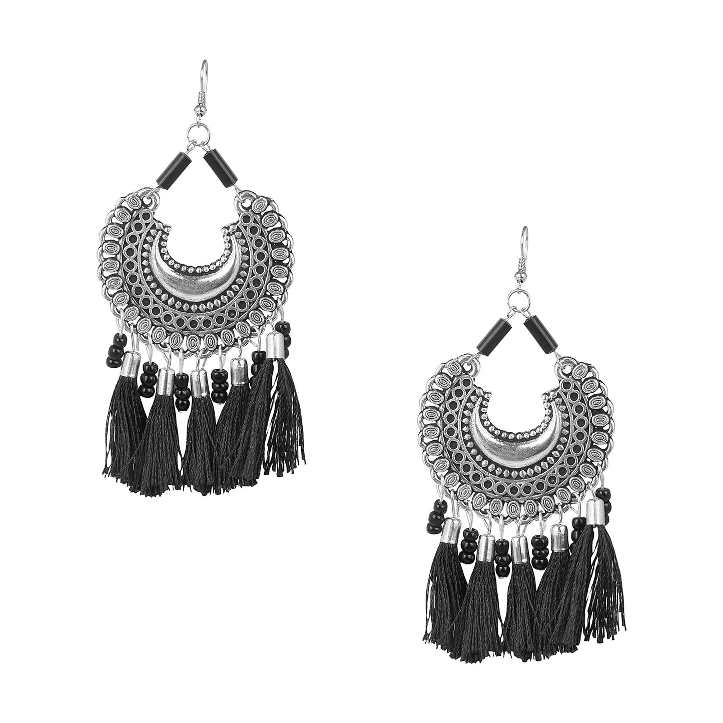 Oxidised Silver Afghani Chandbali Earrings with Tassels  for Women and Girls (SJ_1140)