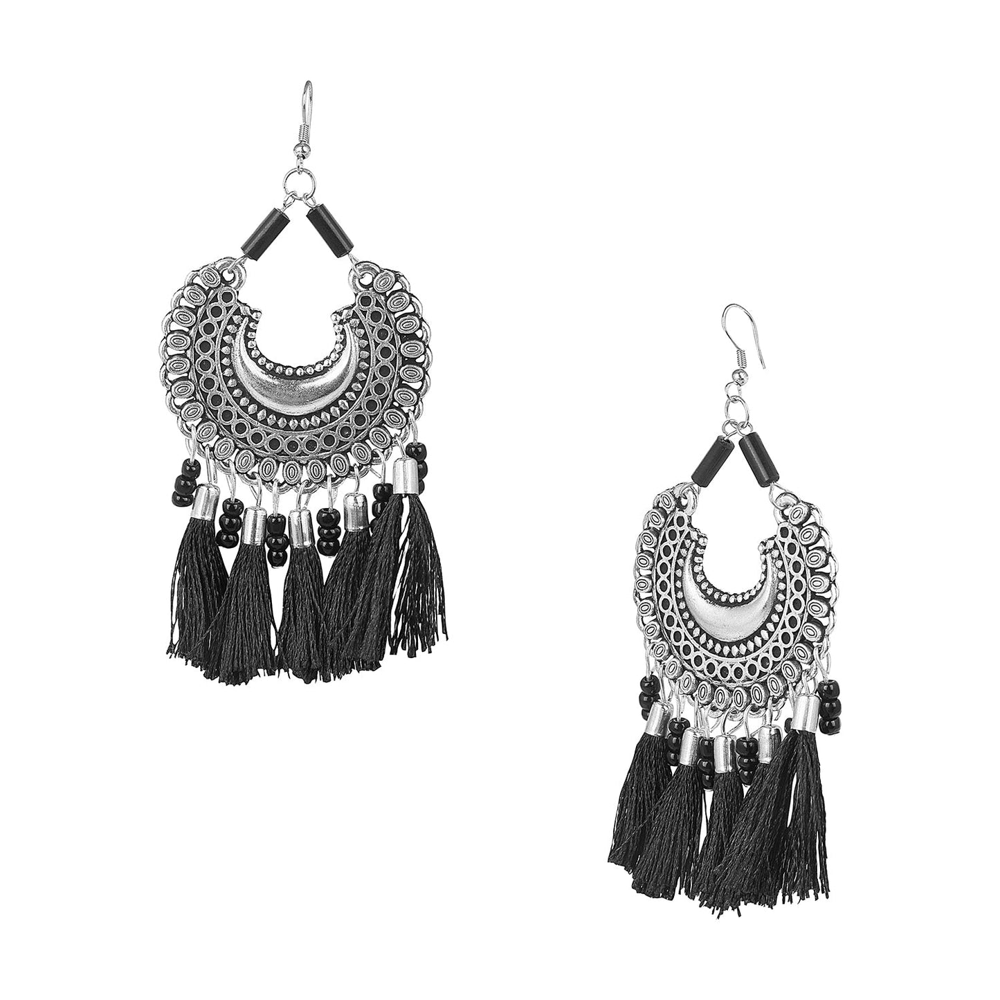 Oxidised Silver Afghani Chandbali Earrings with Tassels  for Women and Girls (SJ_1140)