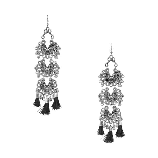 Oxidised Silver Triple Layered Afghani Chandbali Earrings with Tassels  for Women and Girls (SJ_1141)