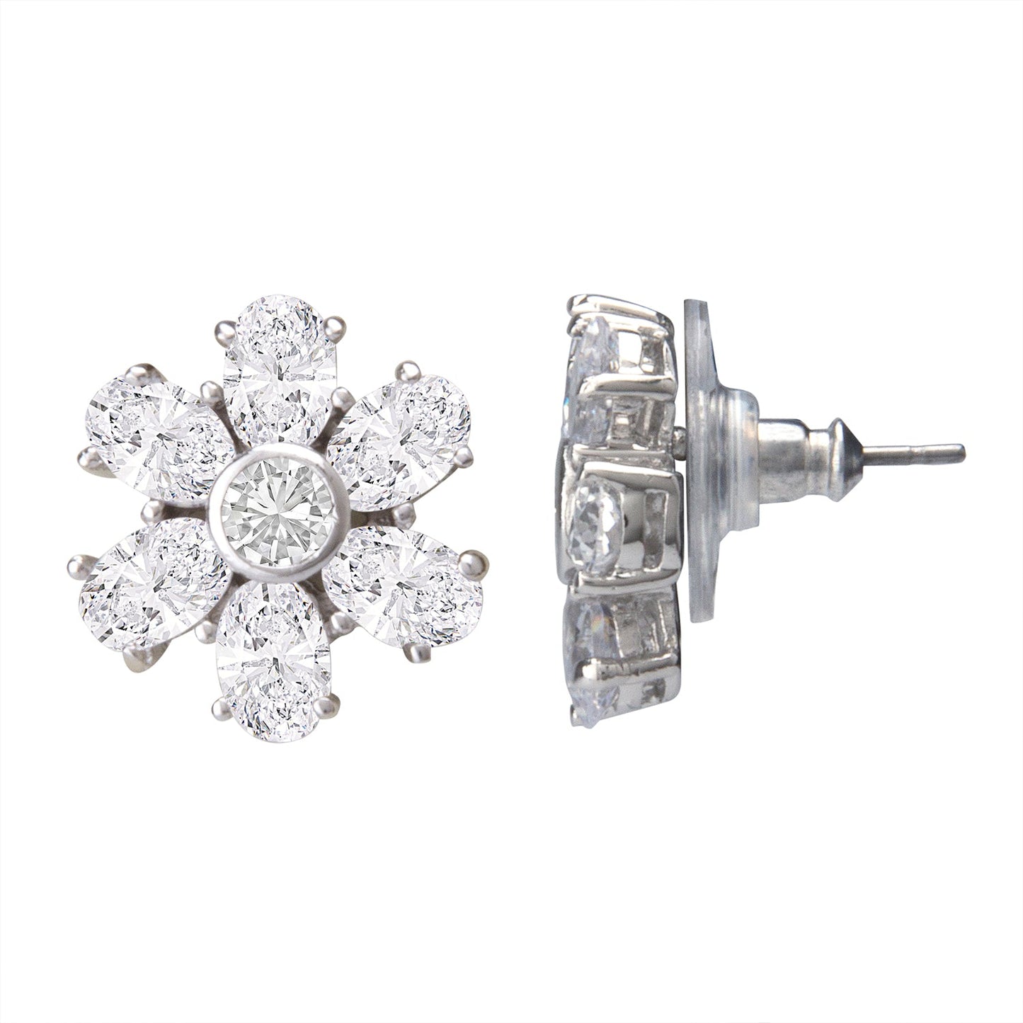 Rhodium Ziconia Flower Studs (SJ_120)