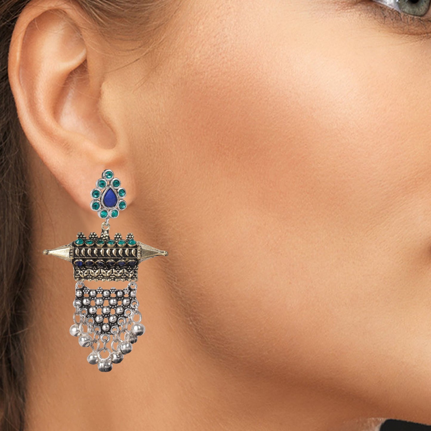 925 Dual Tone Stylish Oxidised Afghani Chandbali Earrings (SJ_1341)