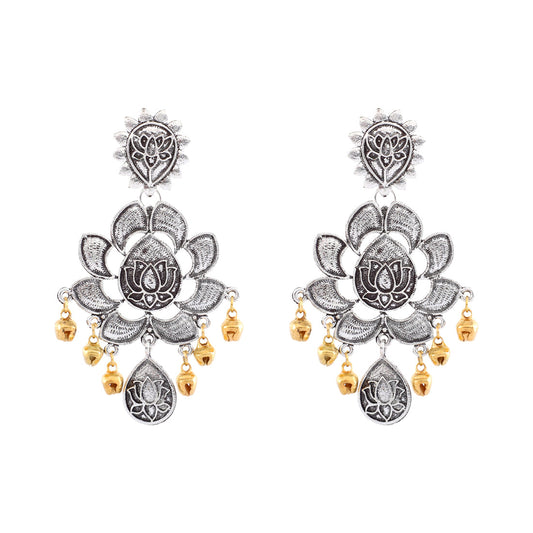 Dual Tone Antique Kamal Lotus Oxidised Earring for Women and Girls (SJ_1422)