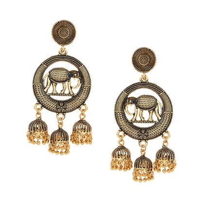 18K Antique Gold Plated Elephant Jhumka Earring with Pearl Hanging for Women (SJ_1452)
