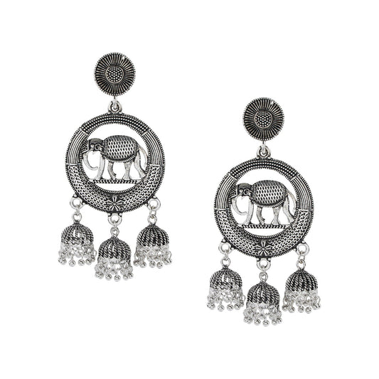 Silver Plated Oxidised Elephant Jhumka Earring with Pearl Hanging for Women (SJ_1453)