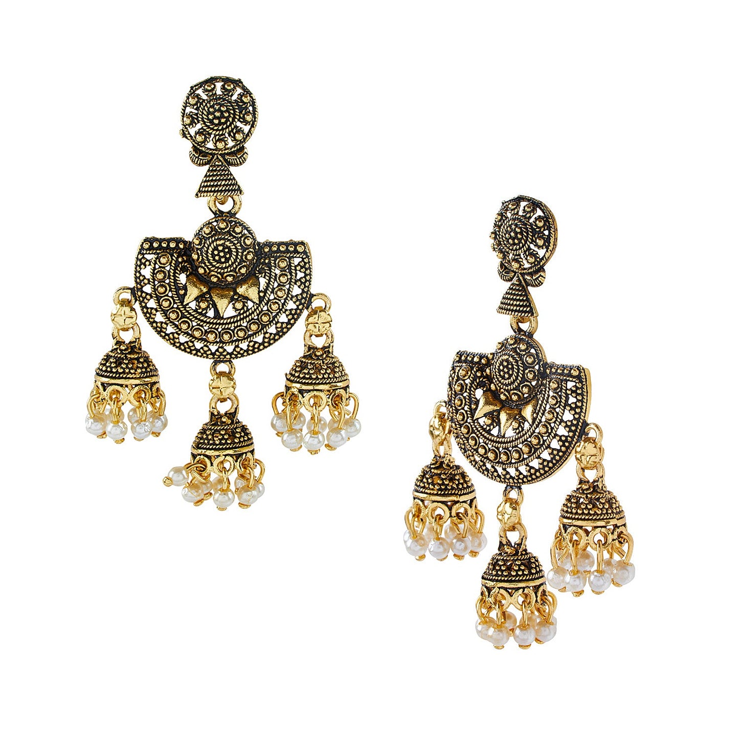 Antique Gold Oxidised Afghani Chandbali Earrings with Pearl Hanging for Women (SJ_1454)