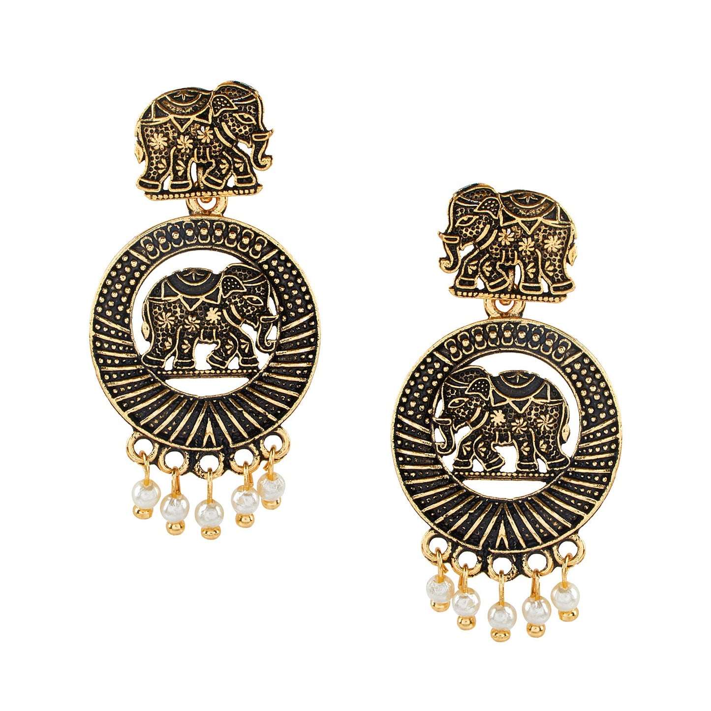 18K Antique Gold Plated Oxidised Elephant Jhumka Earring with Pearl Hanging for Women (SJ_1458)