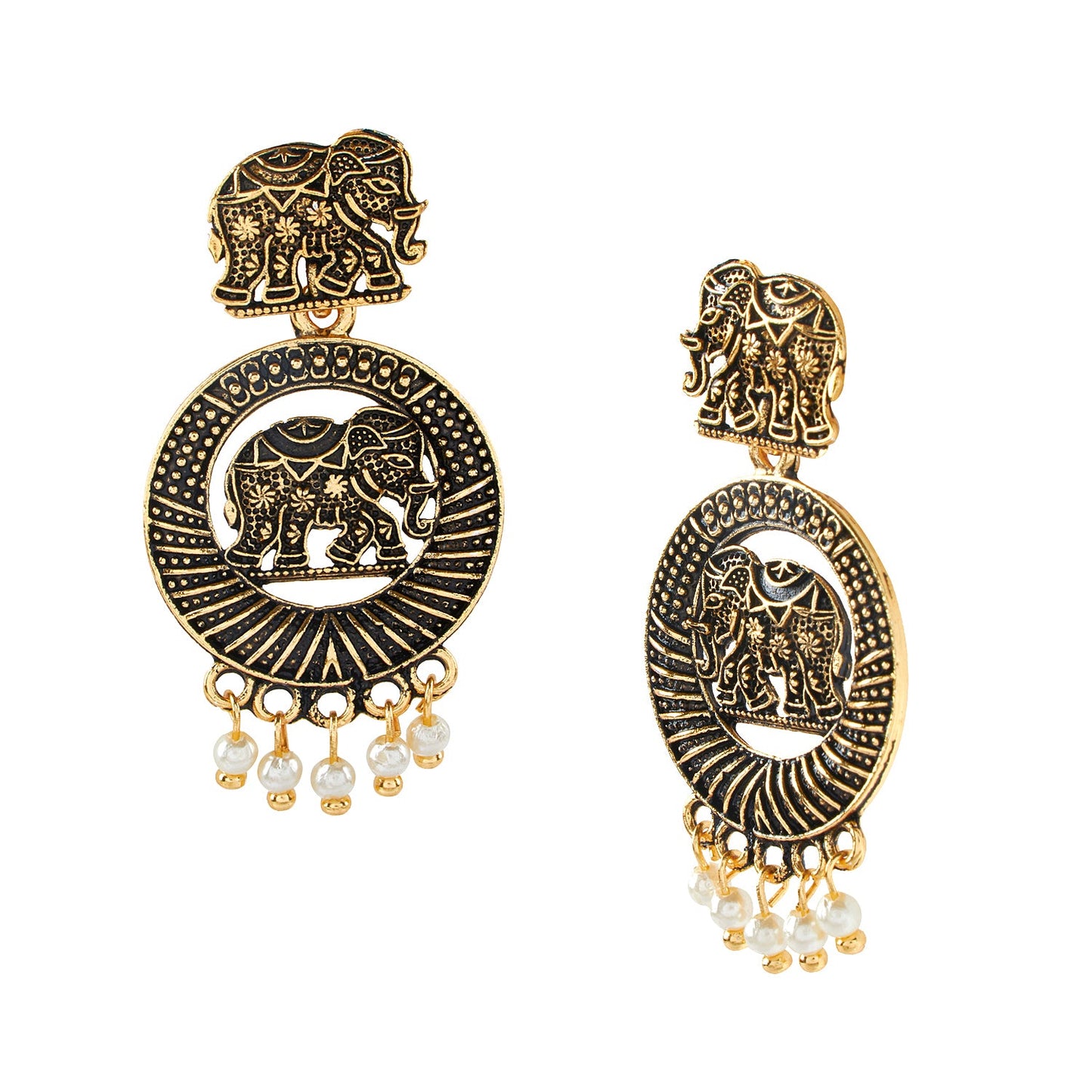 18K Antique Gold Plated Oxidised Elephant Jhumka Earring with Pearl Hanging for Women (SJ_1458)