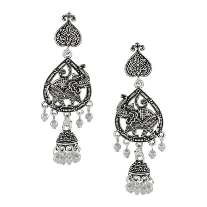 Silver Plated Oxidised Elephant Jhumka Earring with Pearl Hanging for Women (SJ_1459)