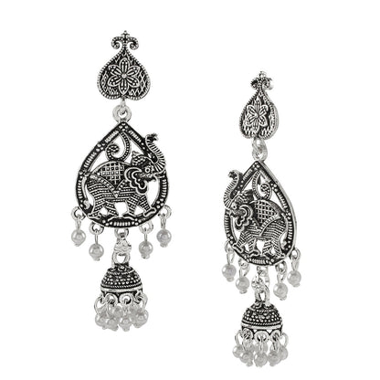 Silver Plated Oxidised Elephant Jhumka Earring with Pearl Hanging for Women (SJ_1459)