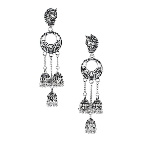 Antique Silver Oxidised Peacock Jhumki Earrings For Women (SJ_1462)