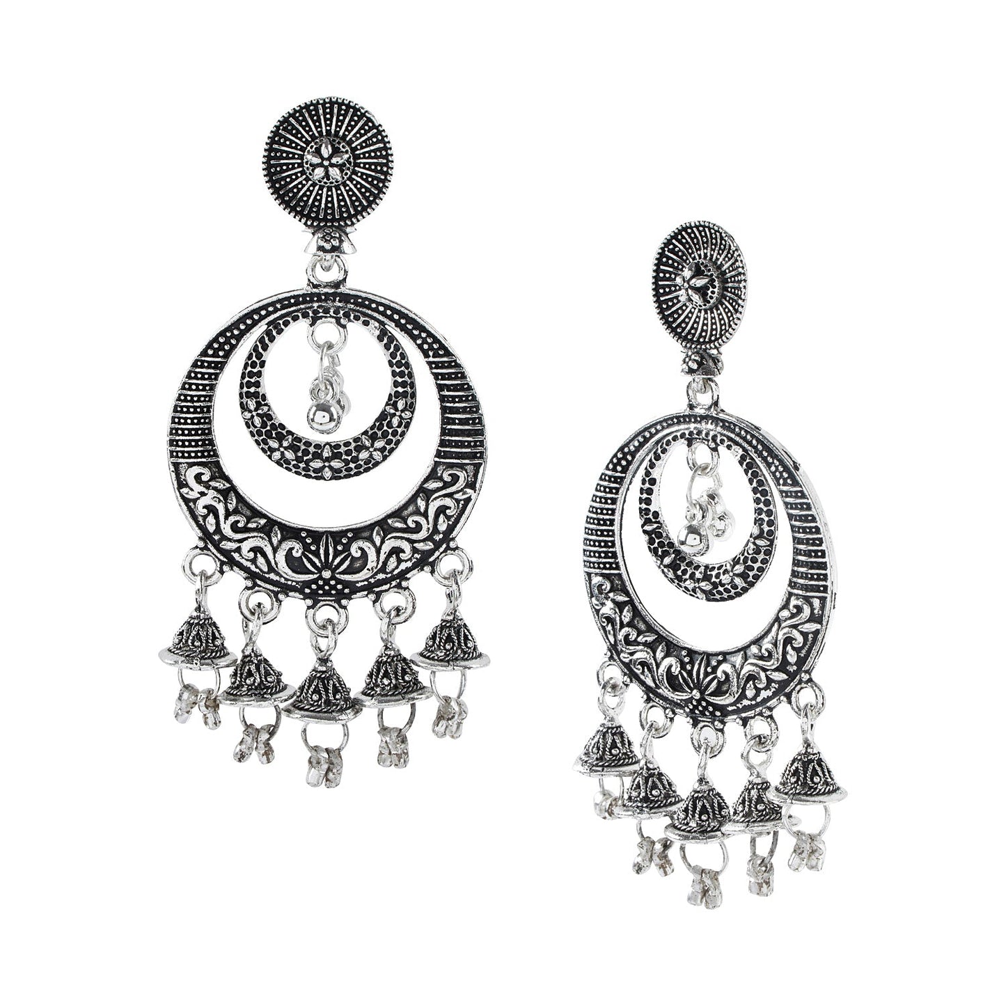 925 Antique Silver Stylish Oxidised Afghani Chandbali Jhumka Earrings  (SJ_1465)