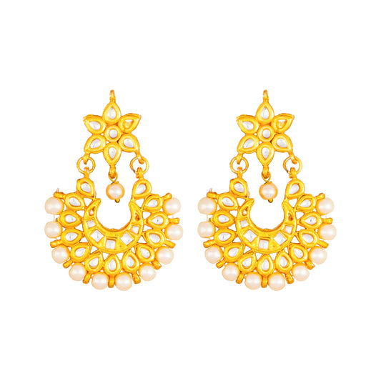 22K Gold Plated Tradintional Chandbali Earring With CZ, LCT Crystals,Kundan & Pearls for Women (SJ_1504)