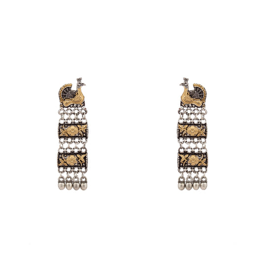 Antique Two tone Gold & Silver Plated Oxidised Afghani Peacock Drop Earrings for Women & Girls  (SJ_1533)