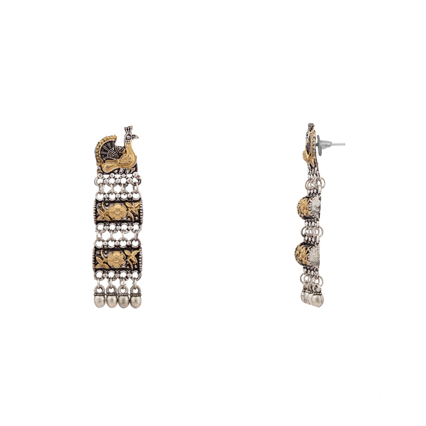 Antique Two tone Gold & Silver Plated Oxidised Afghani Peacock Drop Earrings for Women & Girls  (SJ_1533)