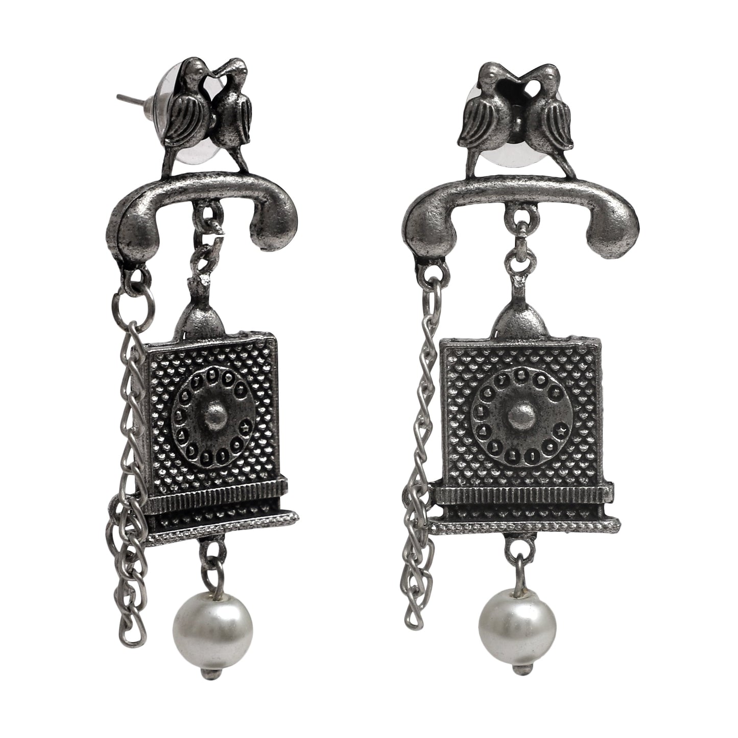 Shining Jewel Antique Silver Oxidised Stylish Designer Vintage Telephone Earrings for Women (SJ_1548)