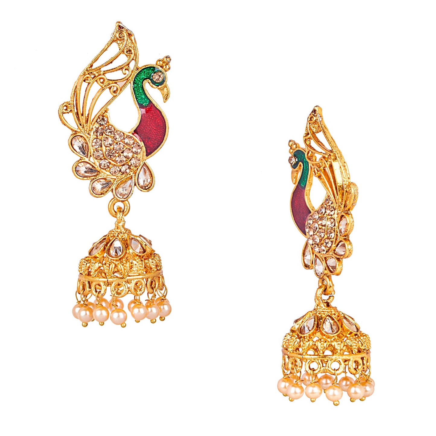 24K Gold Plated Traditional Peacock Jhumka With CZ, LCT Crystals,Kundan & Pearls Earrings for Women  (SJ_1550)