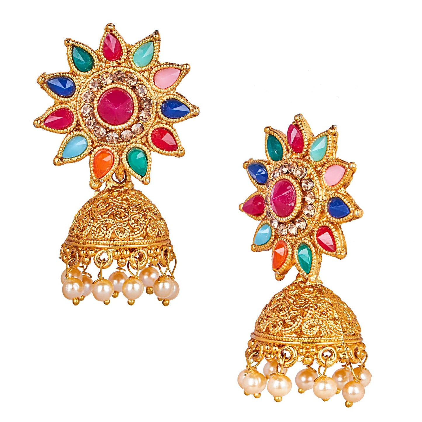 24K Gold Plated Traditional Designer Ethnic Jhumka With CZ, LCT Crystals,Kundan & Pearls Earrings for Women  (SJ_1554)