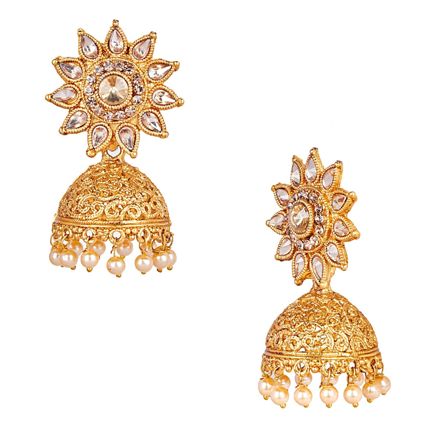 24K Gold Plated Traditional Designer Ethnic Jhumka With CZ, LCT Crystals,Kundan & Pearls Earrings for Women  (SJ_1555)