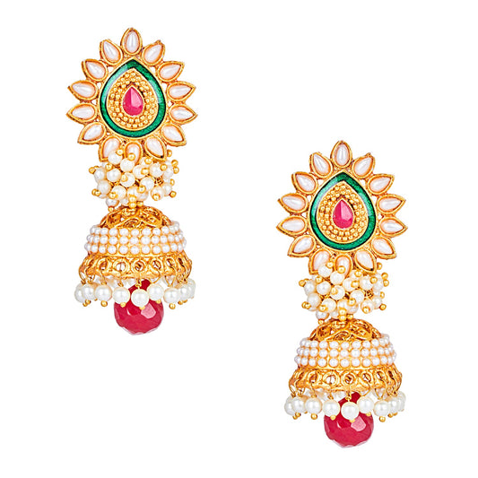 24K Gold Plated Traditional Designer Ethnic Jhumka With CZ, LCT Crystals,Kundan & Pearls Earrings for Women  (SJ_1556)