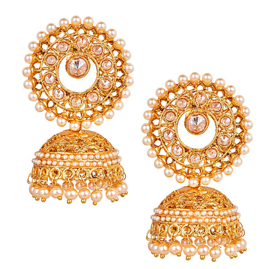 Shining Jewel Gold Plated Traditional Designer Ethnic Jhumka With CZ, LCT Crystals,Kundan & Pearls Earrings for Women (SJ_1558)