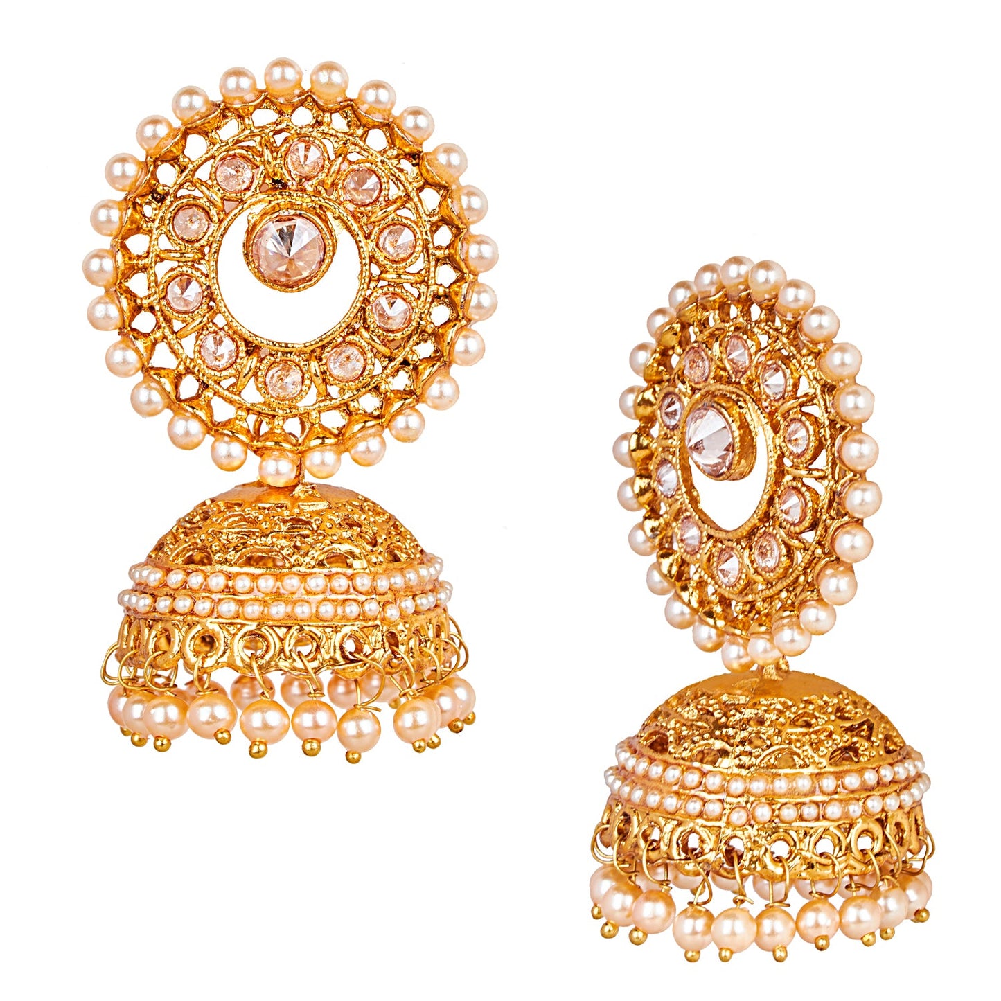 Shining Jewel Gold Plated Traditional Designer Ethnic Jhumka With CZ, LCT Crystals,Kundan & Pearls Earrings for Women (SJ_1558)