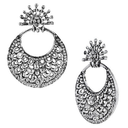 Antique Silver Oxidised Stylish Designer Afghani Chandbali Earrings for Women (SJ_1579)