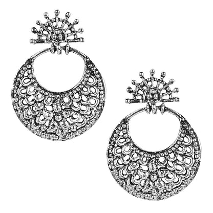 Antique Silver Oxidised Stylish Designer Afghani Chandbali Earrings for Women (SJ_1579)