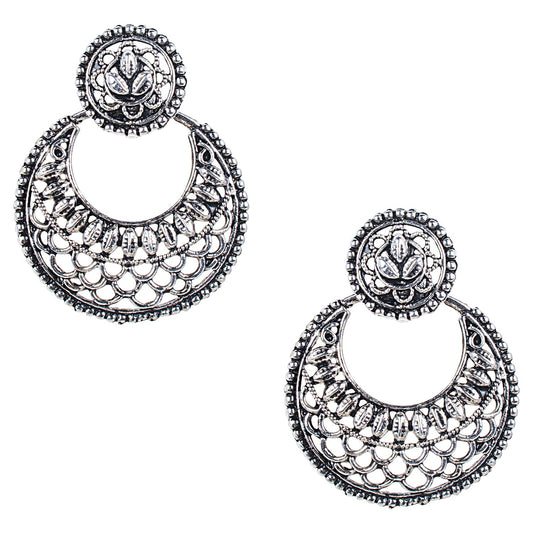 Antique Silver Oxidised Stylish Designer Afghani Chandbali Earrings for Women (SJ_1580)