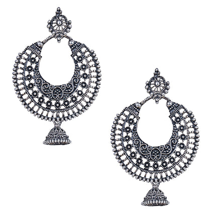 Antique Silver Oxidised Stylish Designer Afghani Chandbali Earrings for Women (SJ_1607)