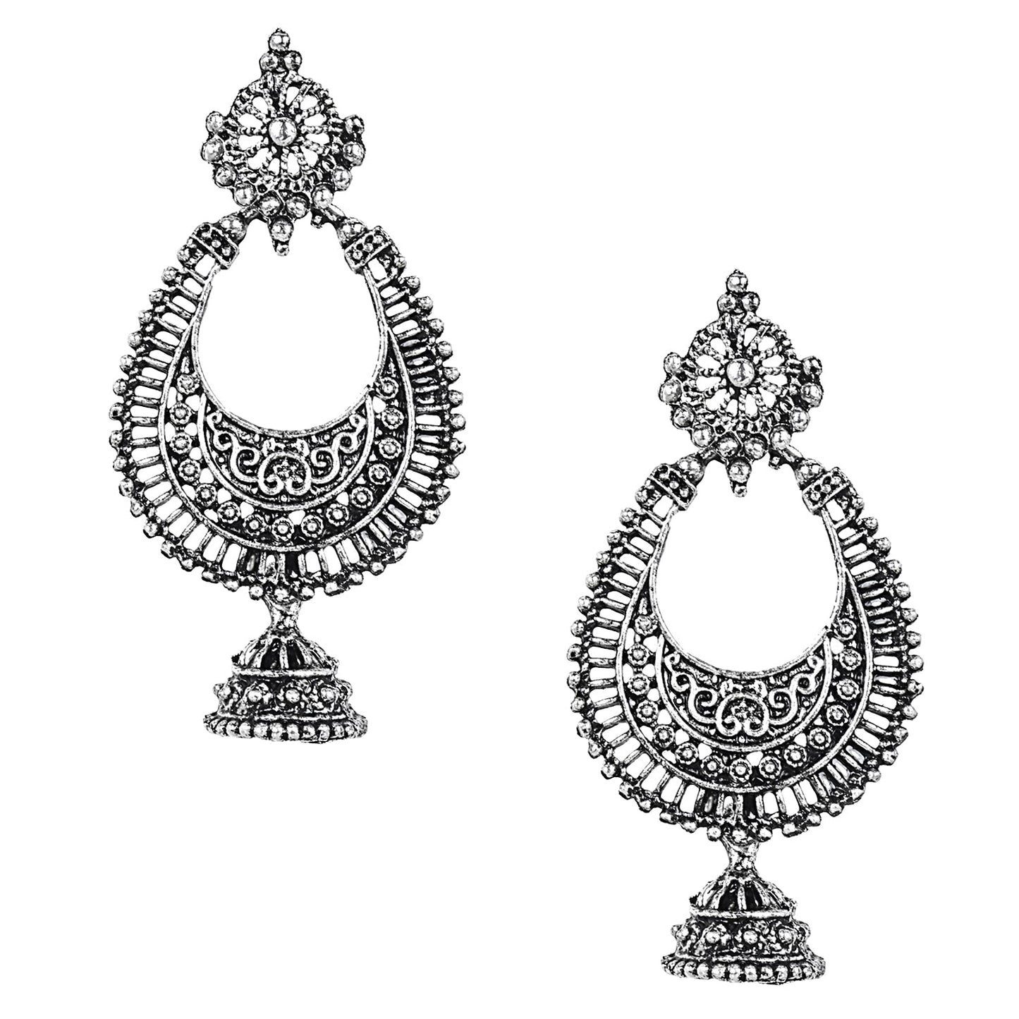 Antique Silver Oxidised Stylish Designer Afghani Chandbali Earrings for Women (SJ_1608)