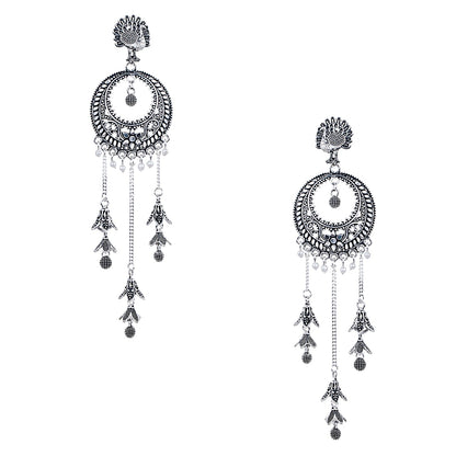 Antique Silver Oxidised Stylish Designer Tassel Afghani Chandbali Earrings for Women (SJ_1612)