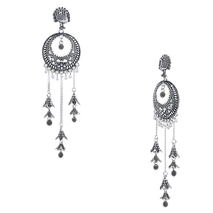 Antique Silver Oxidised Stylish Designer Tassel Afghani Chandbali Earrings for Women (SJ_1612)