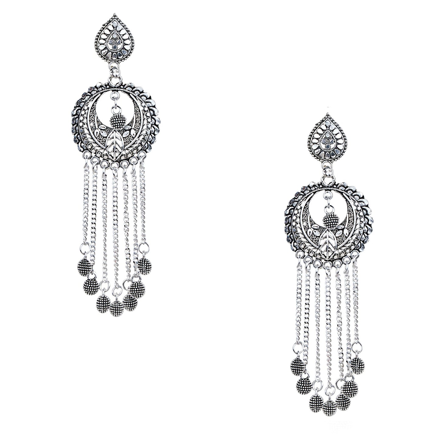 Antique Silver Oxidised Stylish Designer Tassel Afghani Chandbali Earrings for Women (SJ_1613)